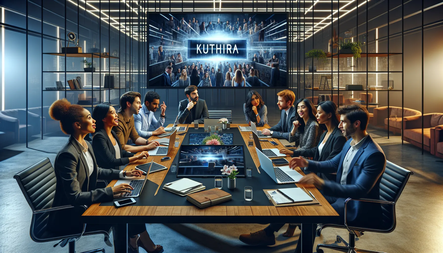 diverse team discussing a TV series in a modern office.