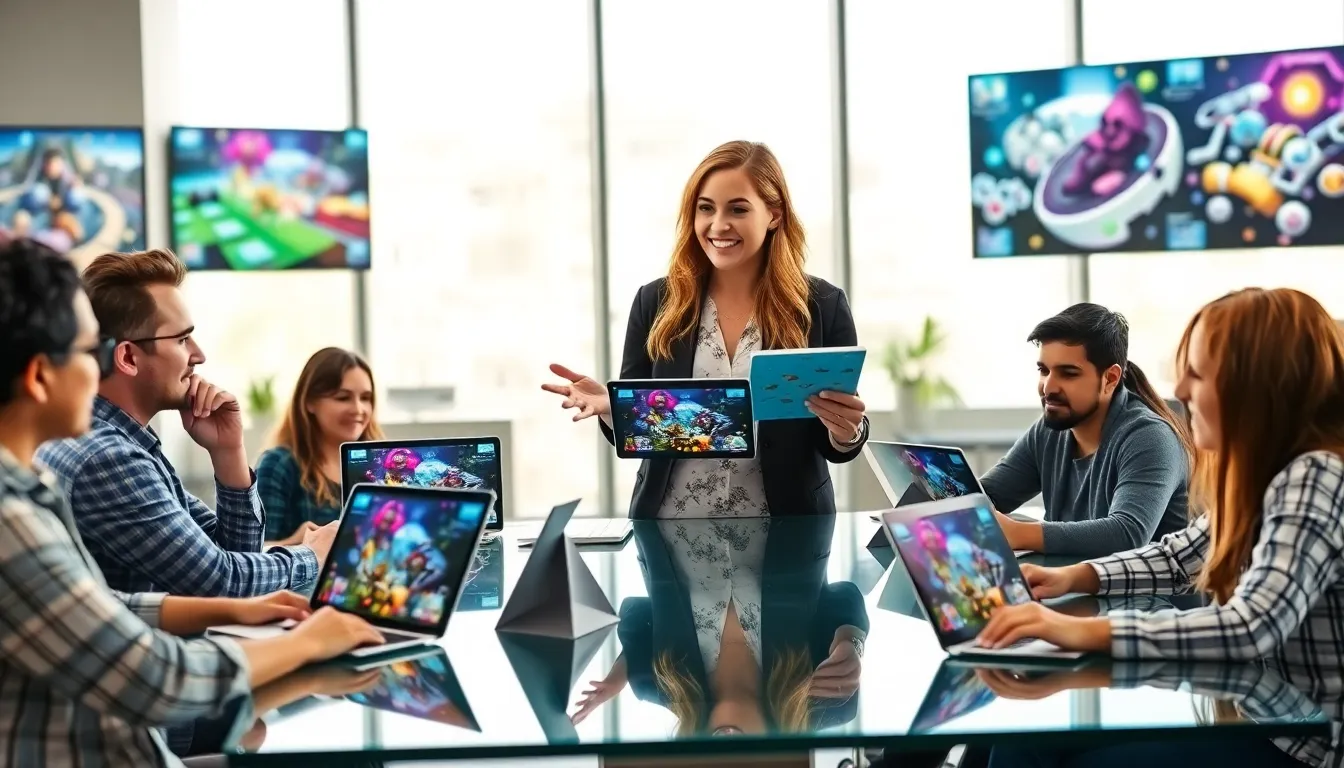 Eloni Lomla collaborating with her diverse gaming team in a modern office.