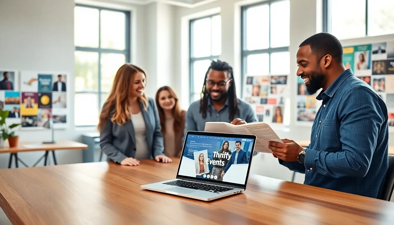 diverse team collaborating over event planning ideas in a stylish office.