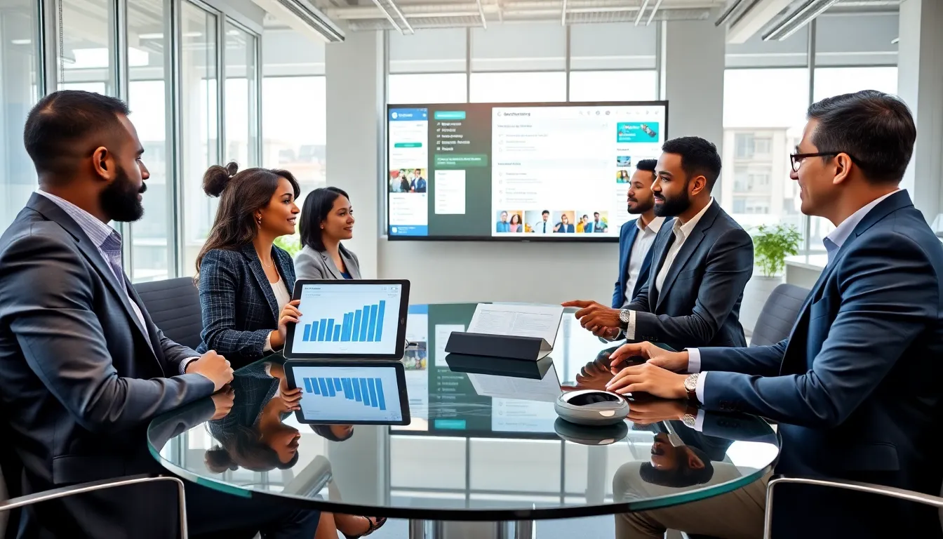 diverse team discussing online marketing strategies in a modern office.