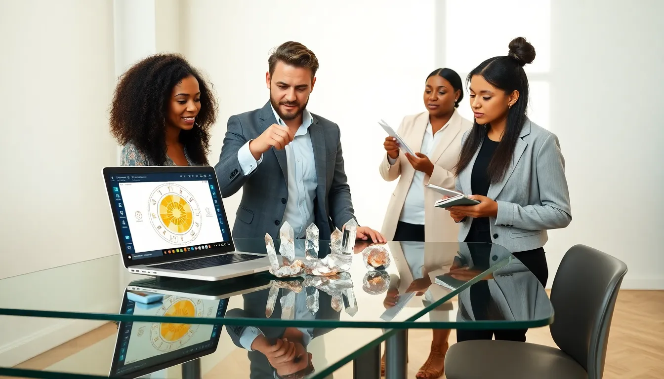 diverse team discussing future predictions at a modern office desk.