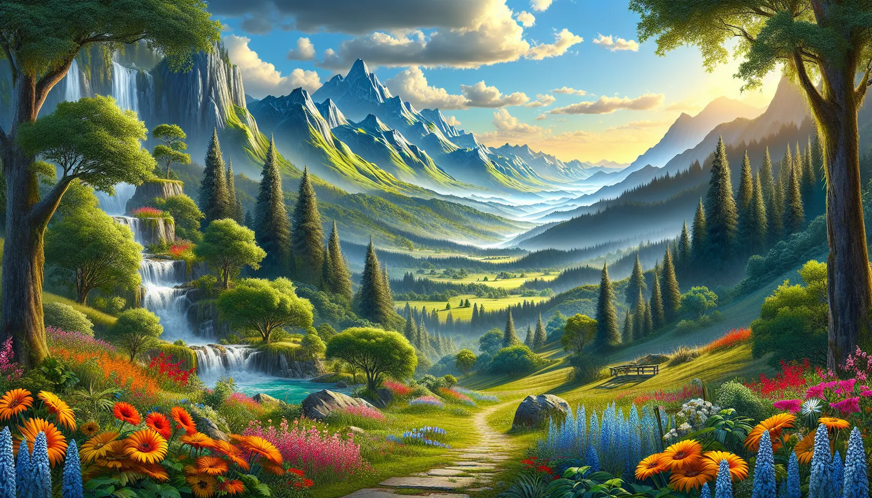 scenic landscape of Beeviitus with mountains and waterfalls.