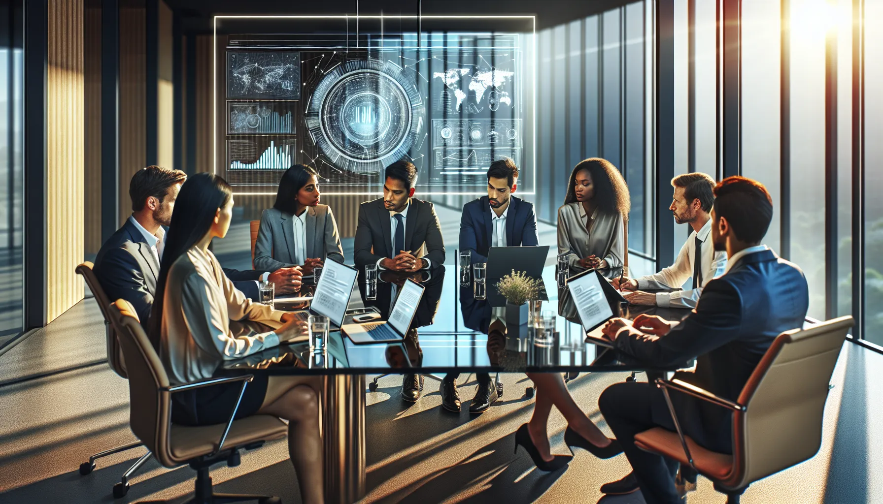 diverse team discussing ethical challenges of technology in a modern office.