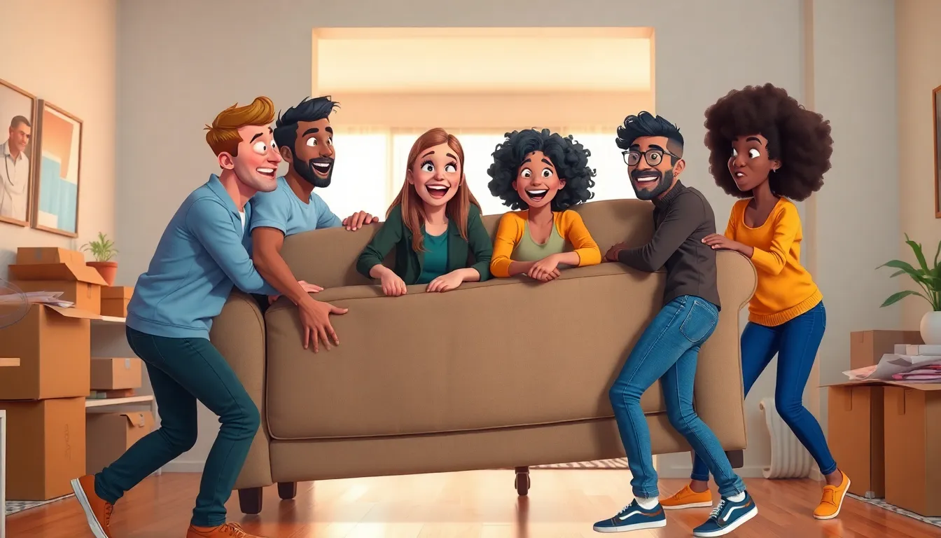 diverse friends struggling to move a couch through a doorway.