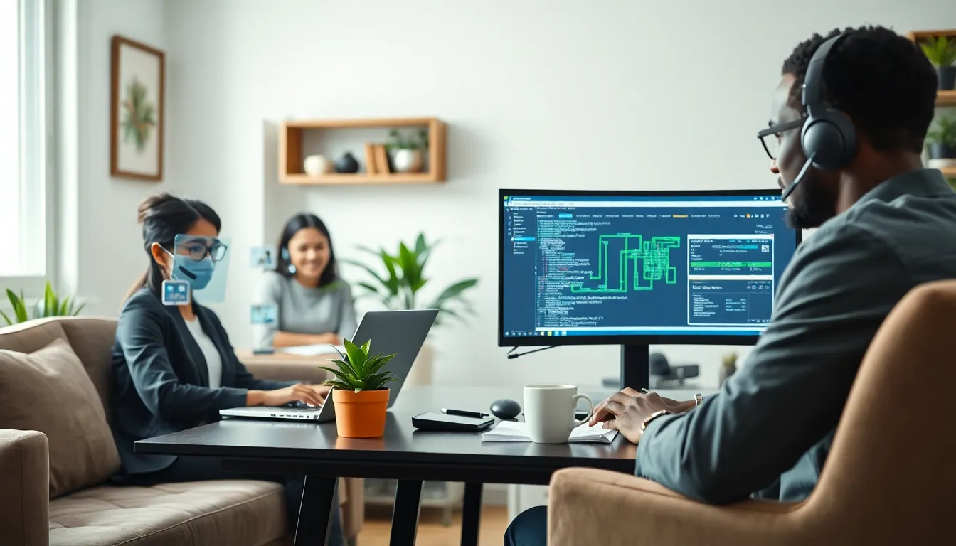 diverse team collaborating on networking jobs in a modern home office.