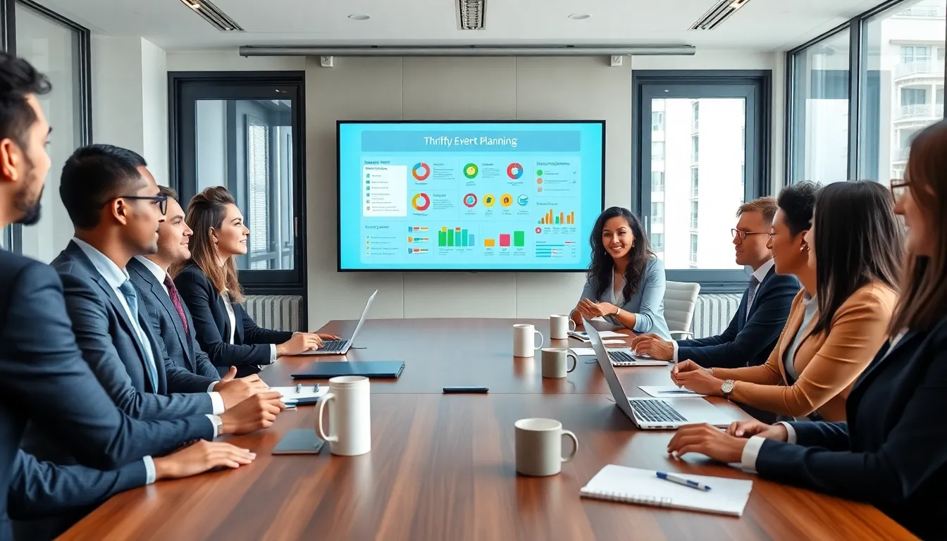 professionals brainstorming budget-friendly event planning in a modern conference room.