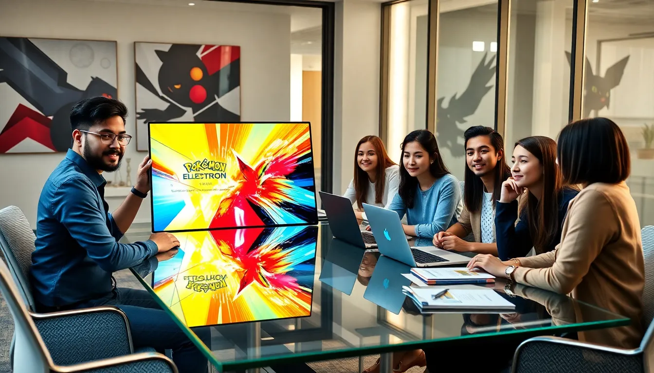 diverse team discussing Pokemon Electronmagazine in a modern office.