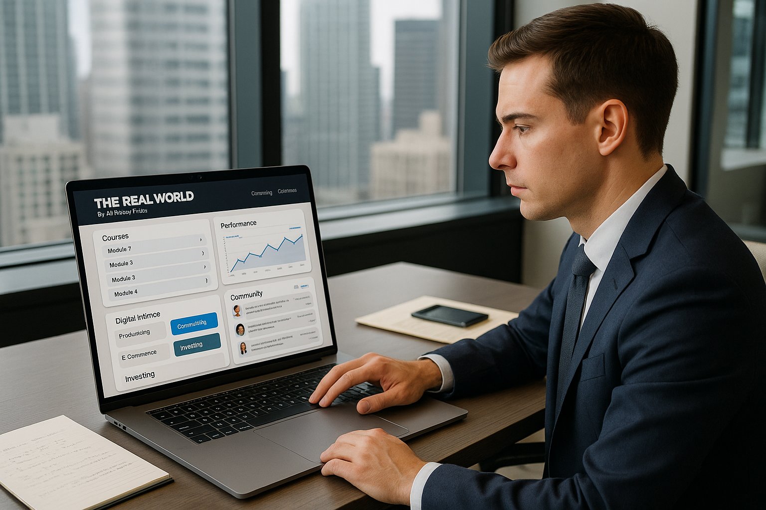 Professional reviewing an online business training platform on a laptop in office.