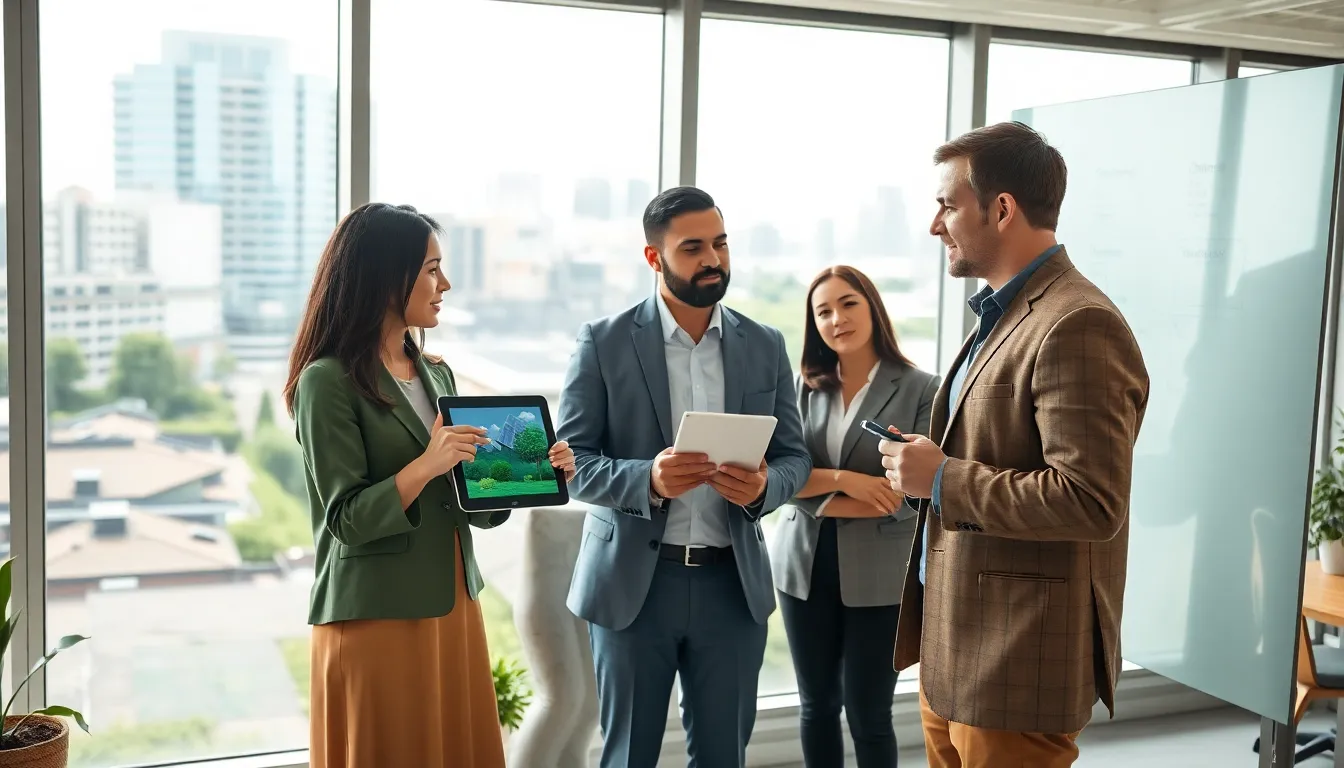 team discussing green tech innovations in a modern office.