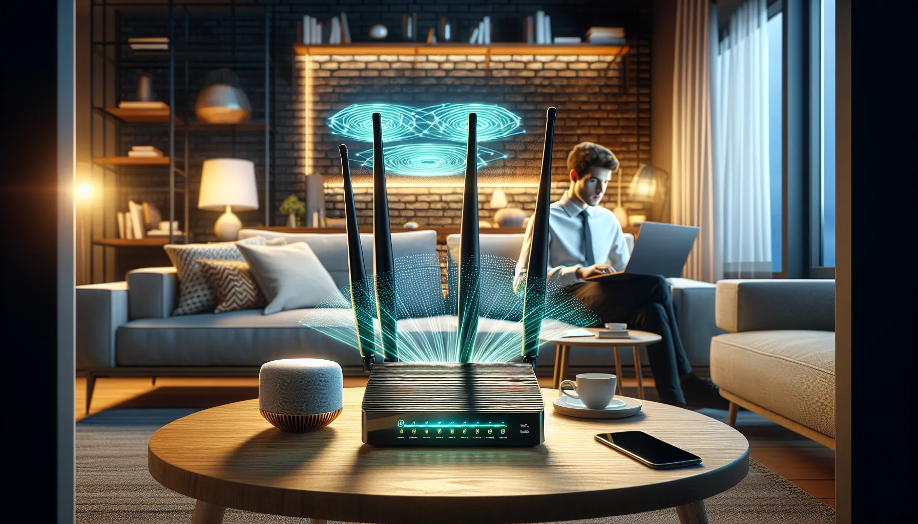 A router with dual-band functionality in a modern living room.
