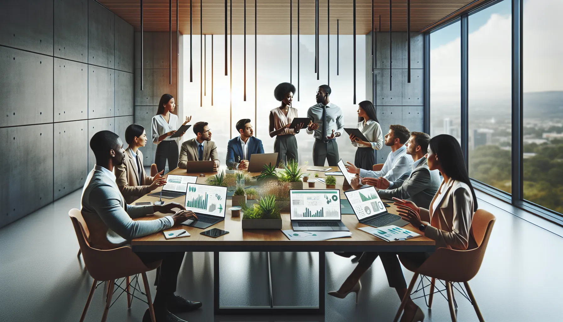 diverse professionals collaborating on conservation efforts in a modern office.