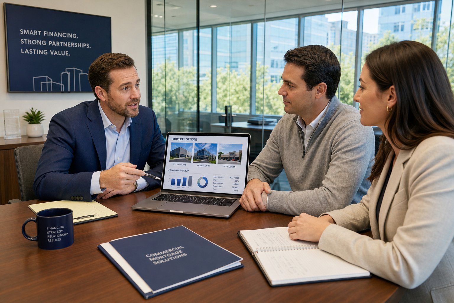 Commercial mortgage consultant meeting two business partners in a modern glass-walled office.