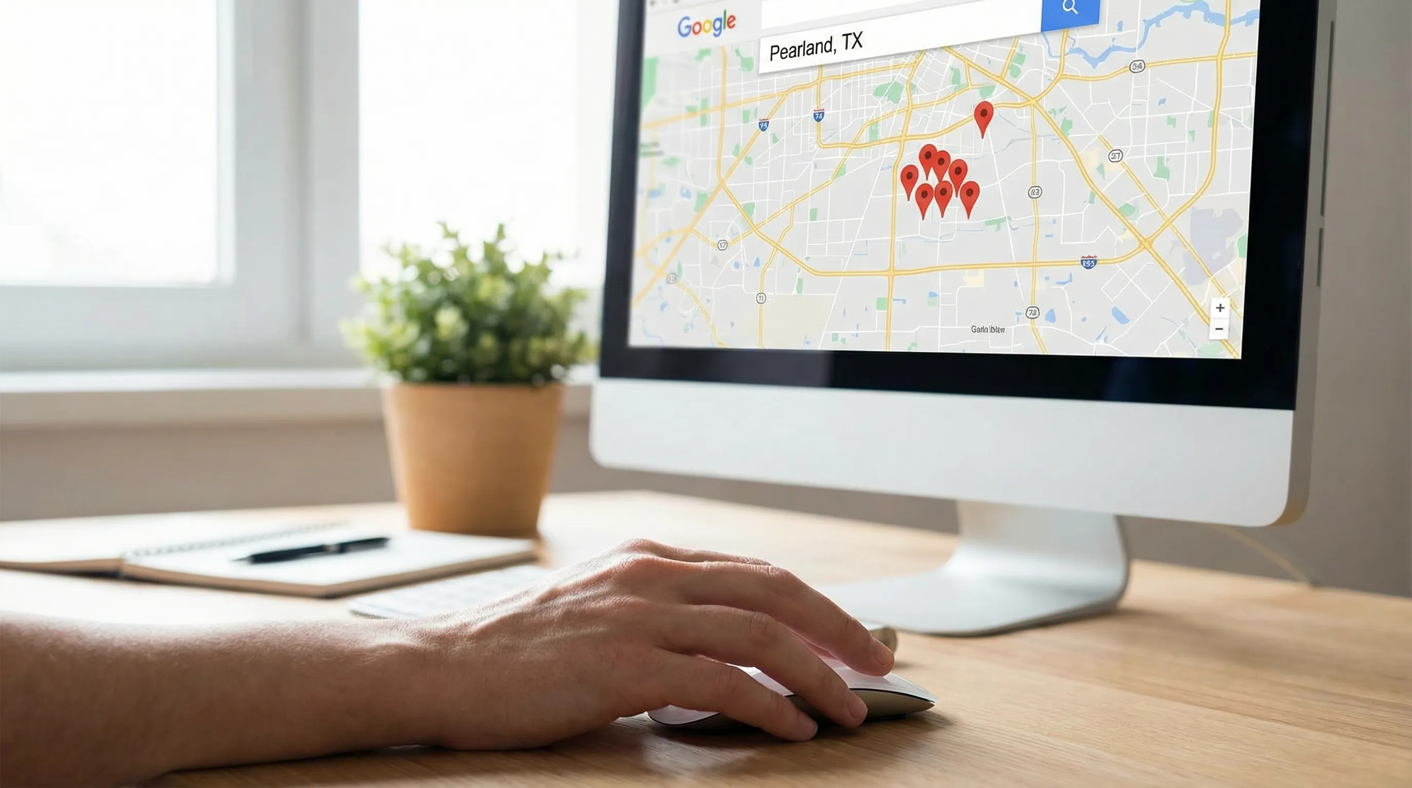 Person optimizing a Pearland business listing on a map interface with multiple local pins in a bright, modern workspace.