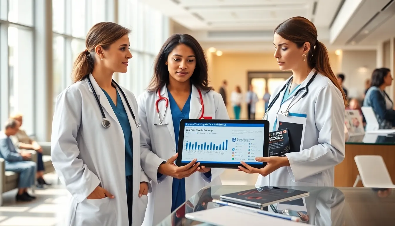 diverse healthcare professionals discussing hospital rankings in a modern lobby.