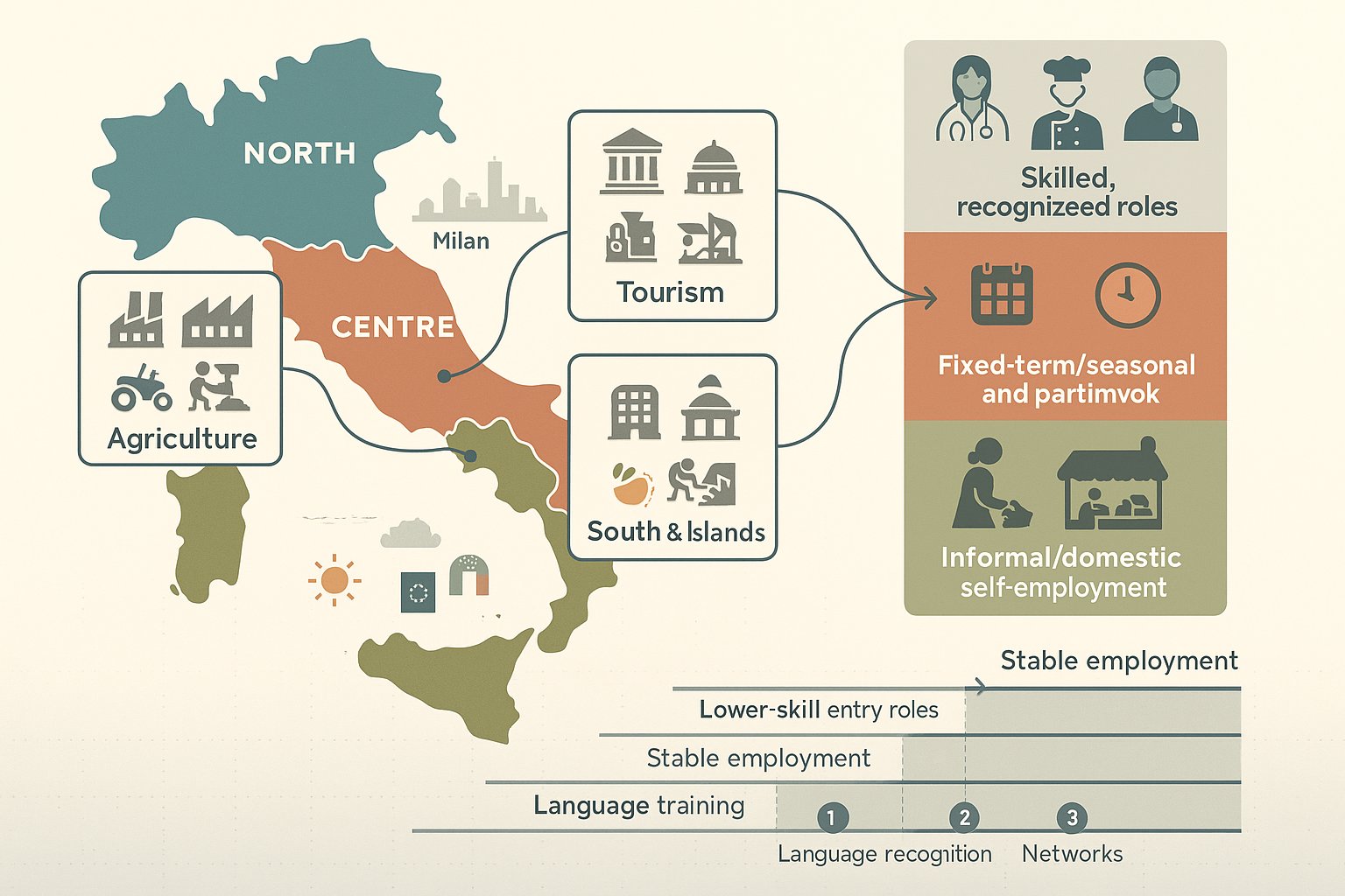 Infografica basata su mappa dei modelli di occupazione degli immigrati in tutta Italia.
