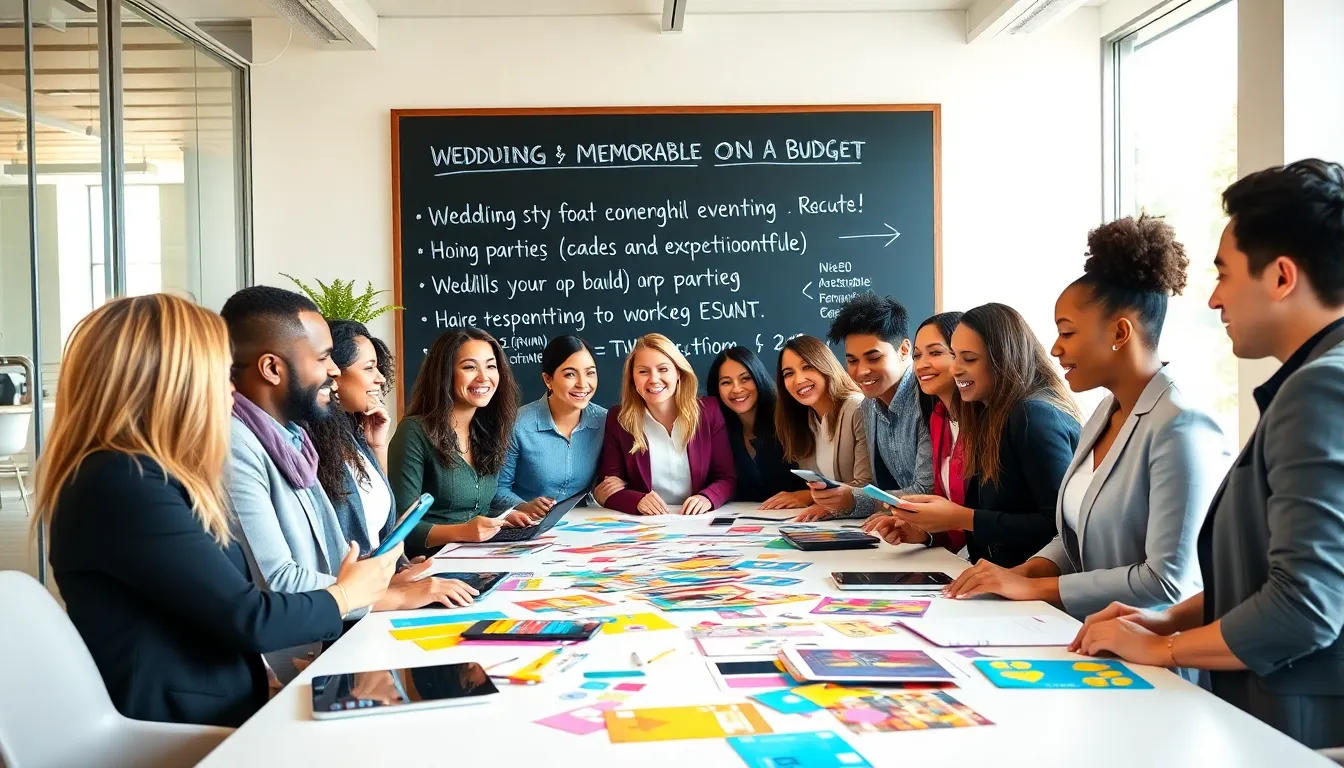 diverse team brainstorming event planning ideas in a modern office.