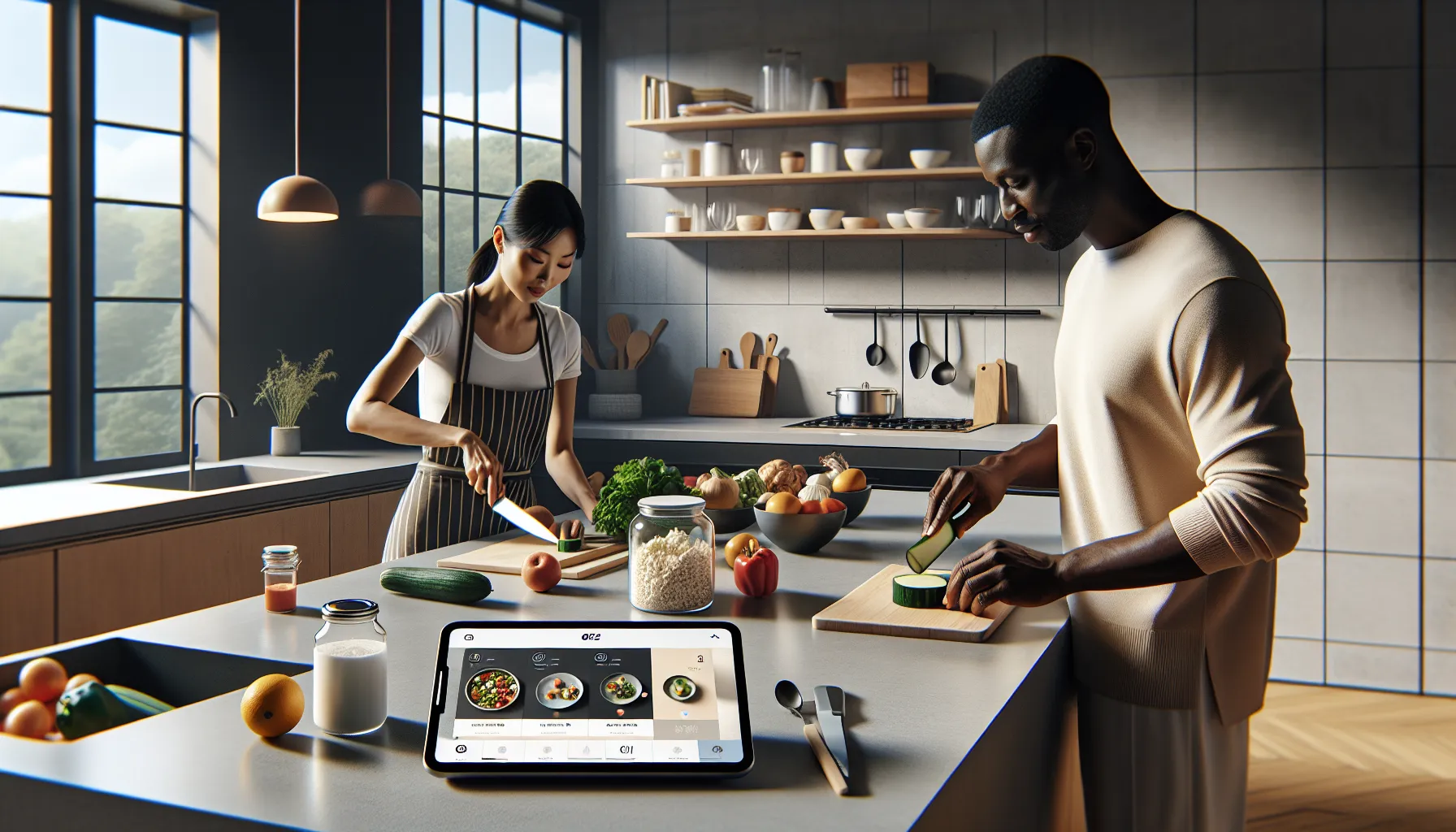 diverse family cooking together in a modern kitchen with meal planning app.