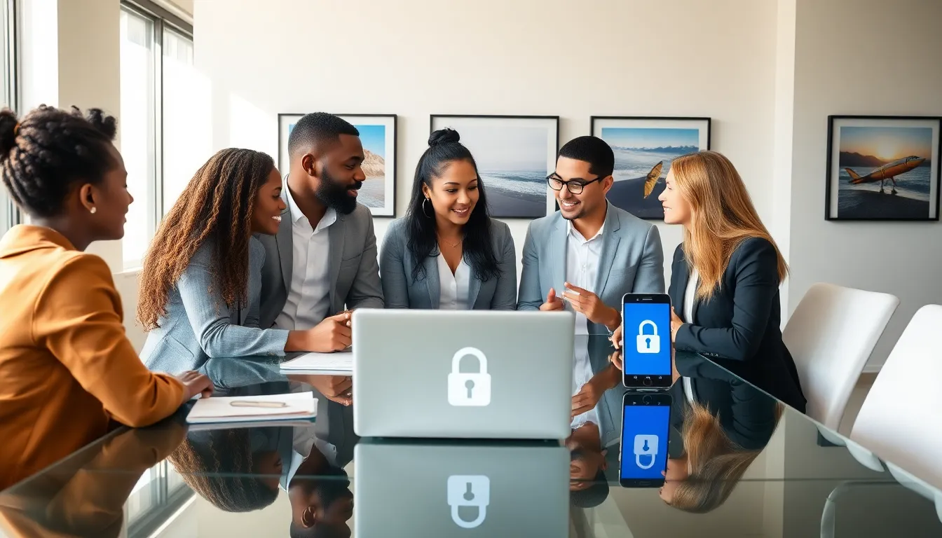 diverse professionals discussing phone unlocking at a conference table.