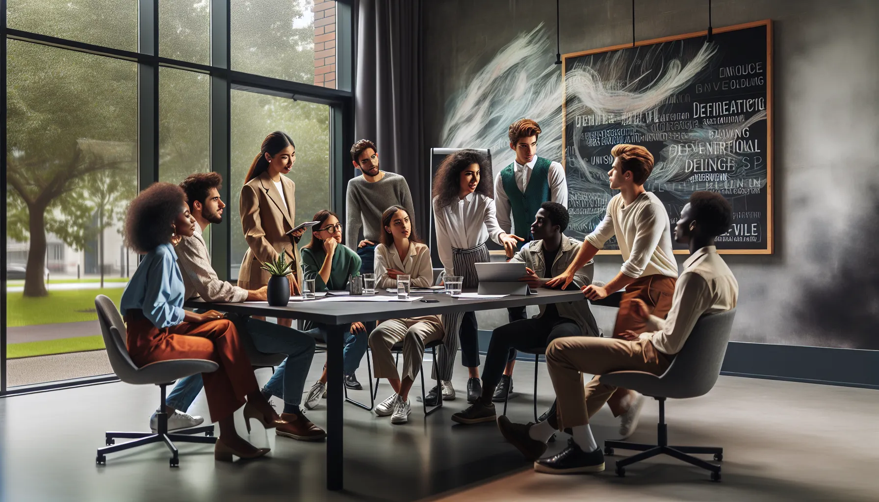 young adults discussing modern interpretations of Gaisunomiyaz in a collaborative office.