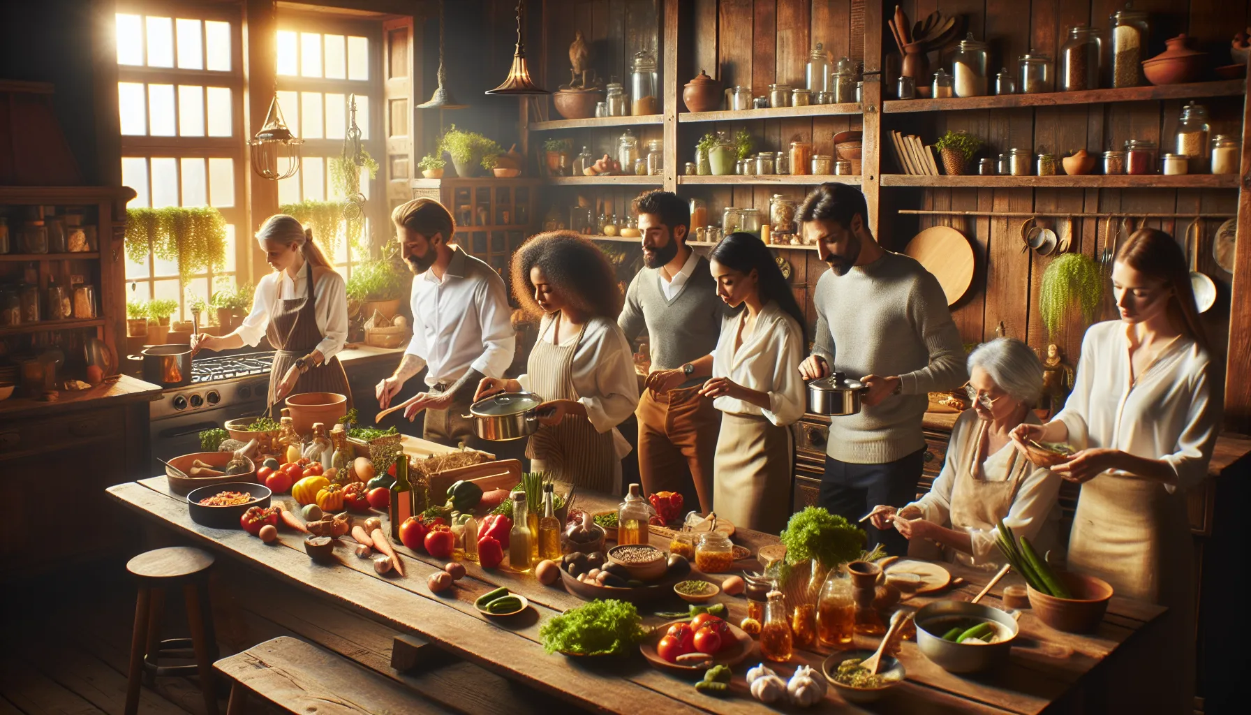 diverse group cooking Cwbian dishes in a cozy kitchen.
