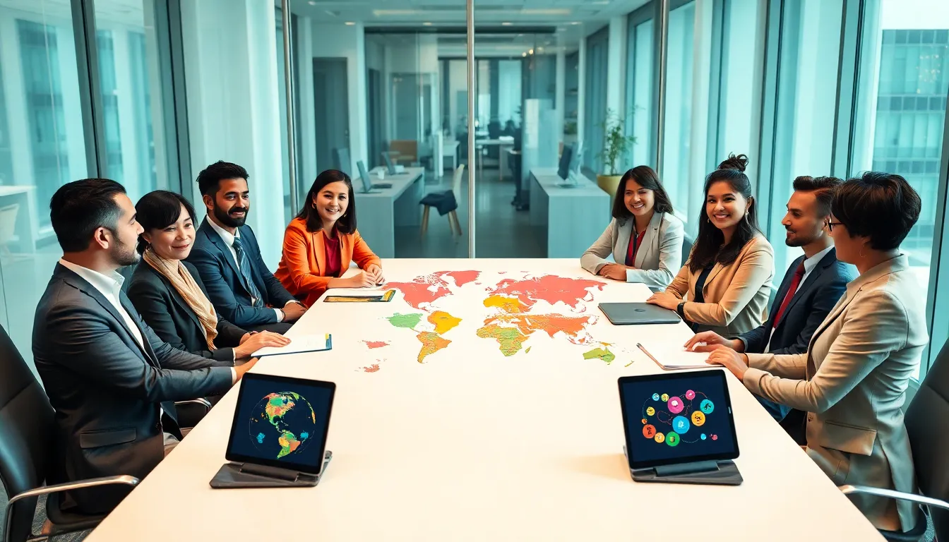 diverse professionals discussing cultural differences in a modern office.