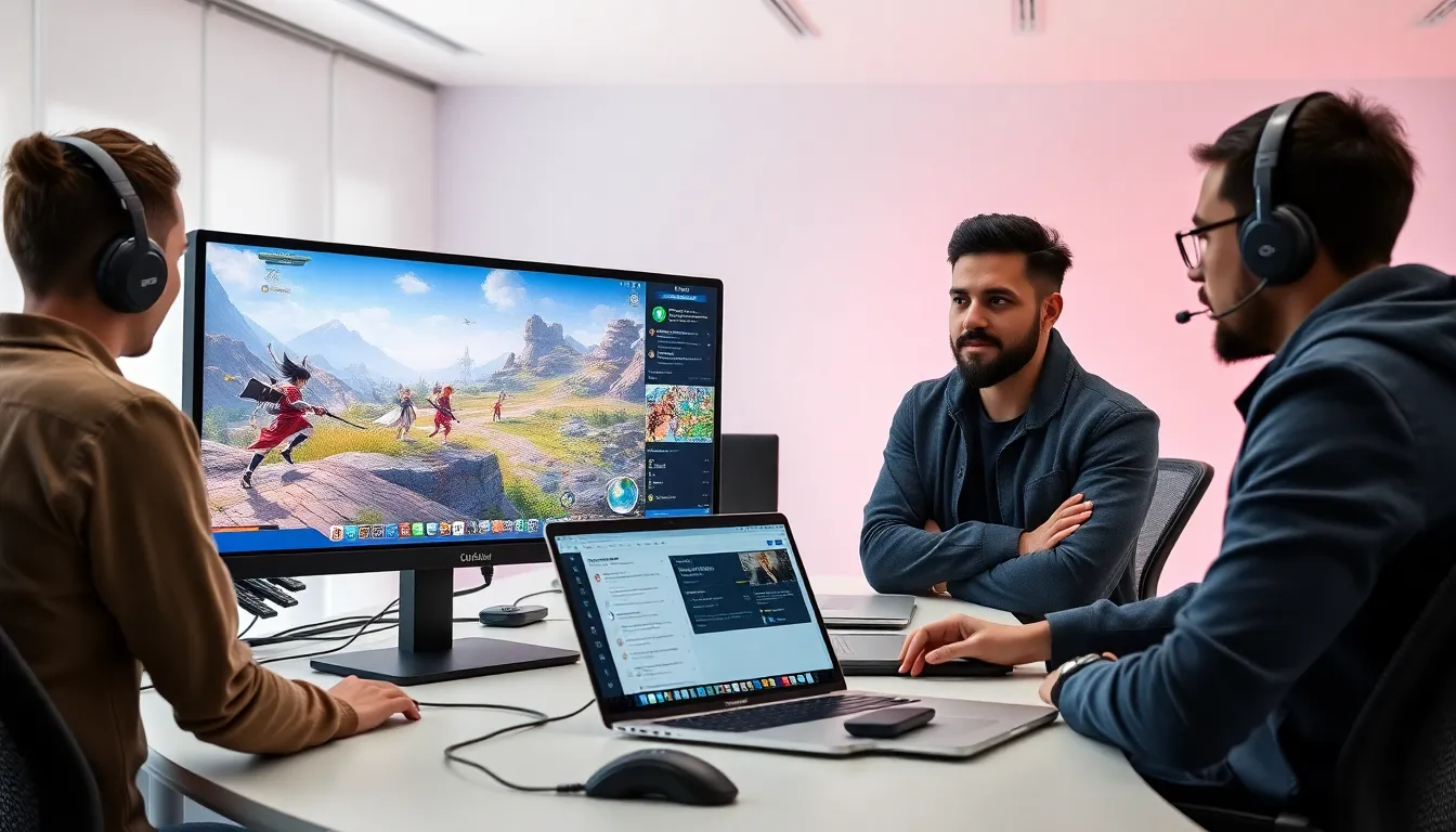 gamers collaborating on Genshin Impact in a modern office.