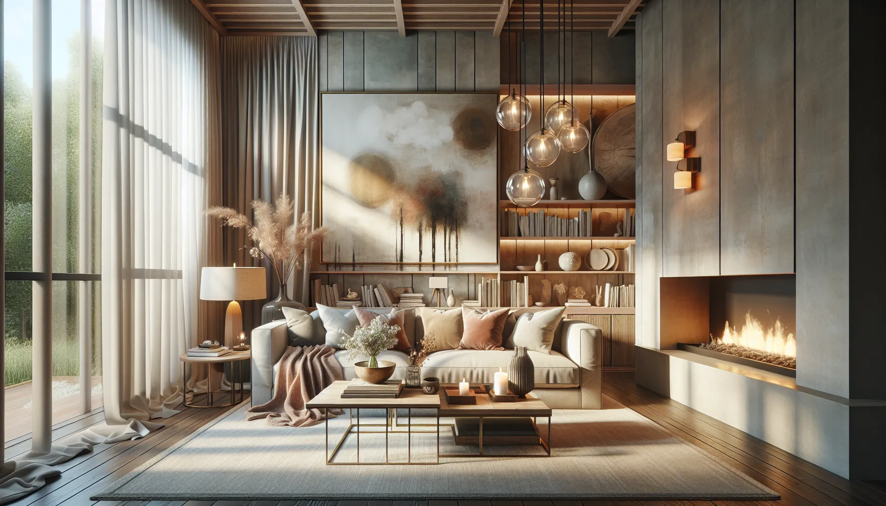 cozy living room with layered lighting and inviting decor.