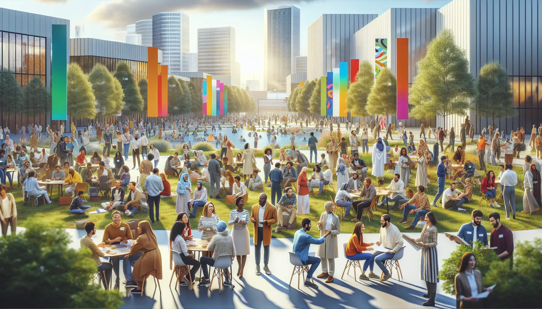 diverse community members engaging in activities in an urban park.