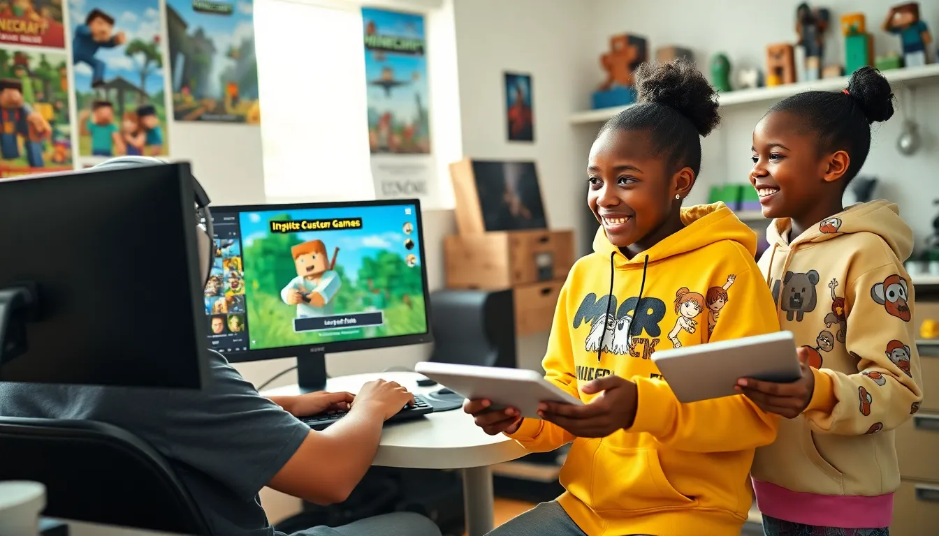 A group of diverse players engaging with Minecraft ImagineerGames on their devices.