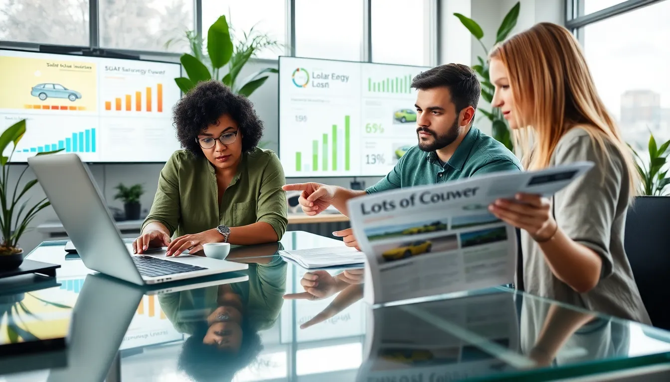 three professionals discussing energy solutions in a modern office setting.