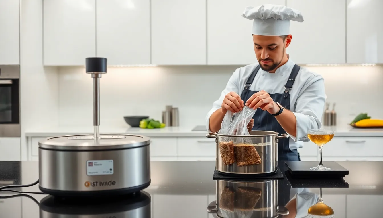 chef demonstrating sous vide cooking in a modern kitchen.