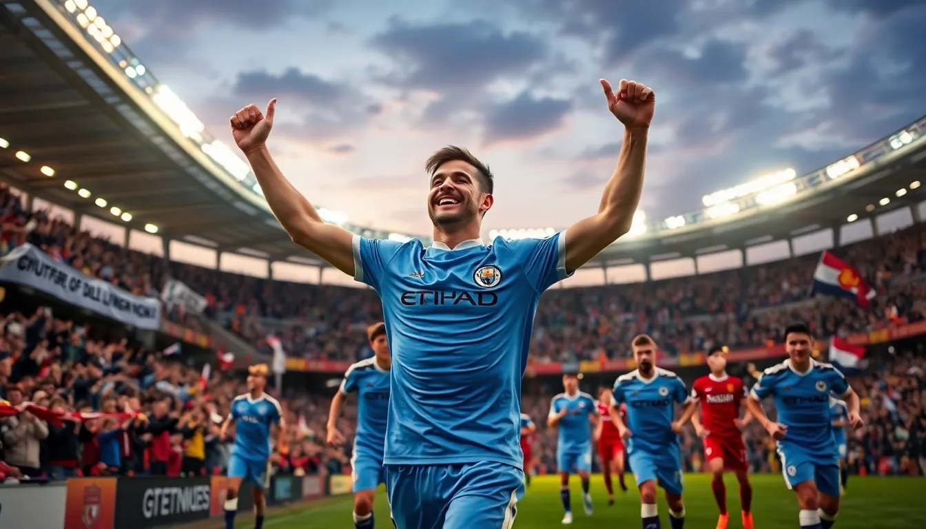 Erling Haaland celebrating a goal in a packed football stadium.