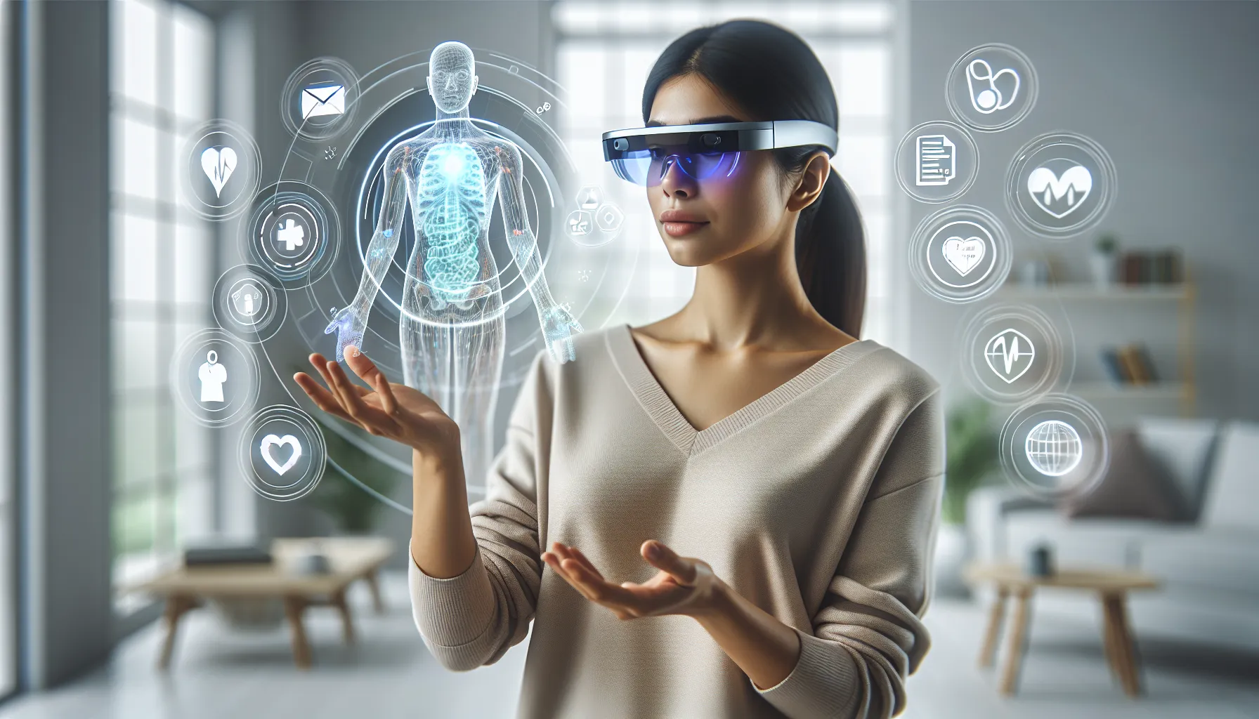 A person using AR glasses with holographic interface elements in a modern setting.
