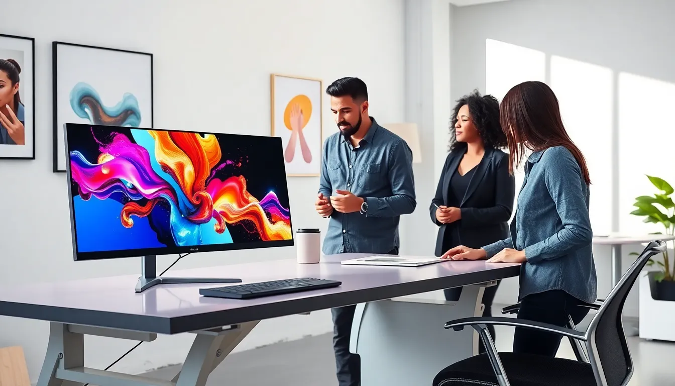 diverse team collaborating in a modern digital art workspace.