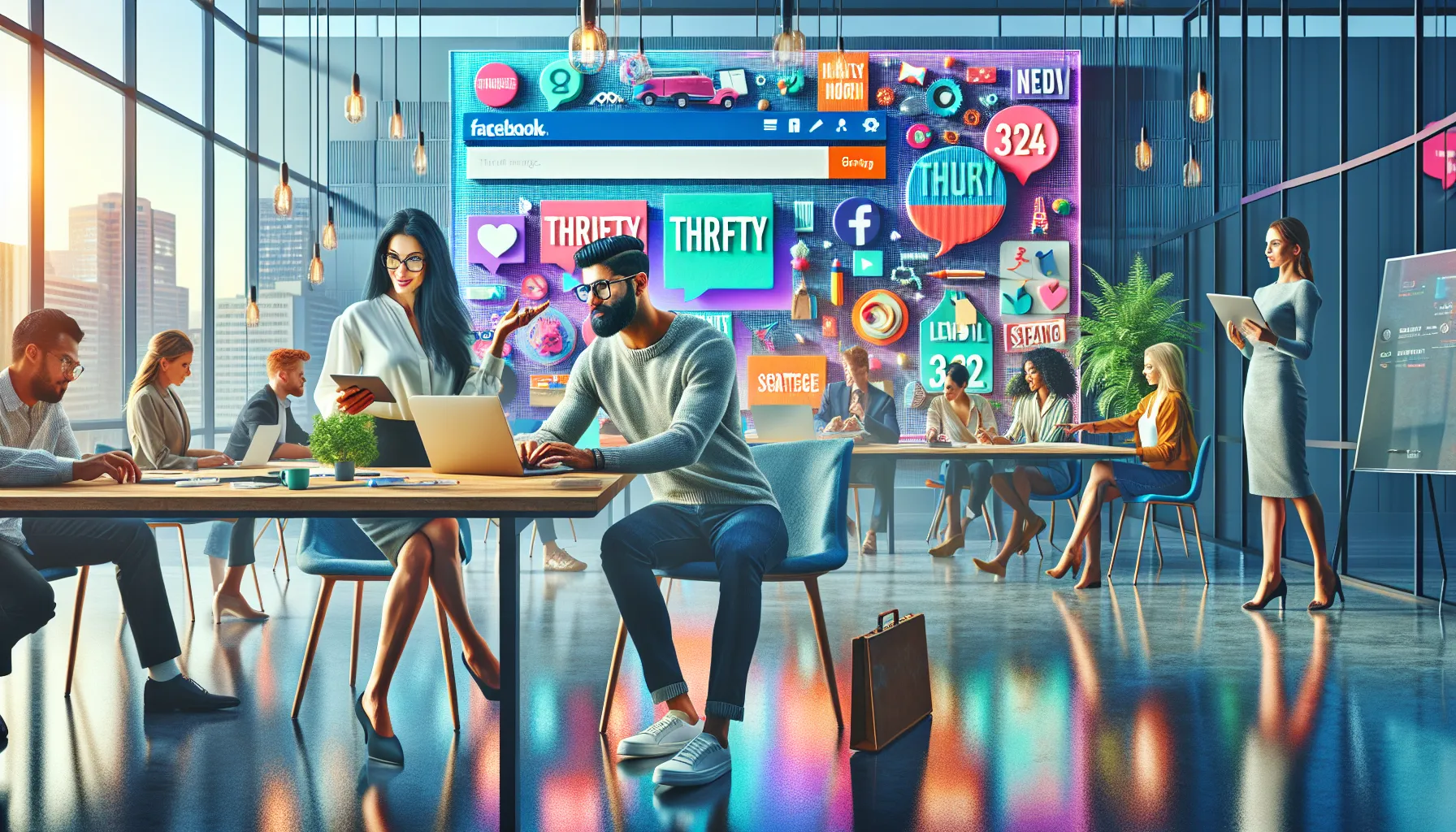 diverse team discussing social media strategies for a thrifty event.