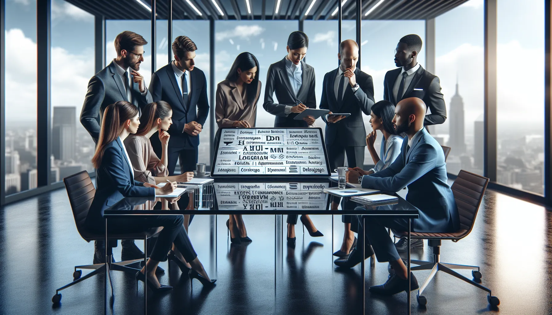professionals discussing linguistic concepts in a modern office setting.