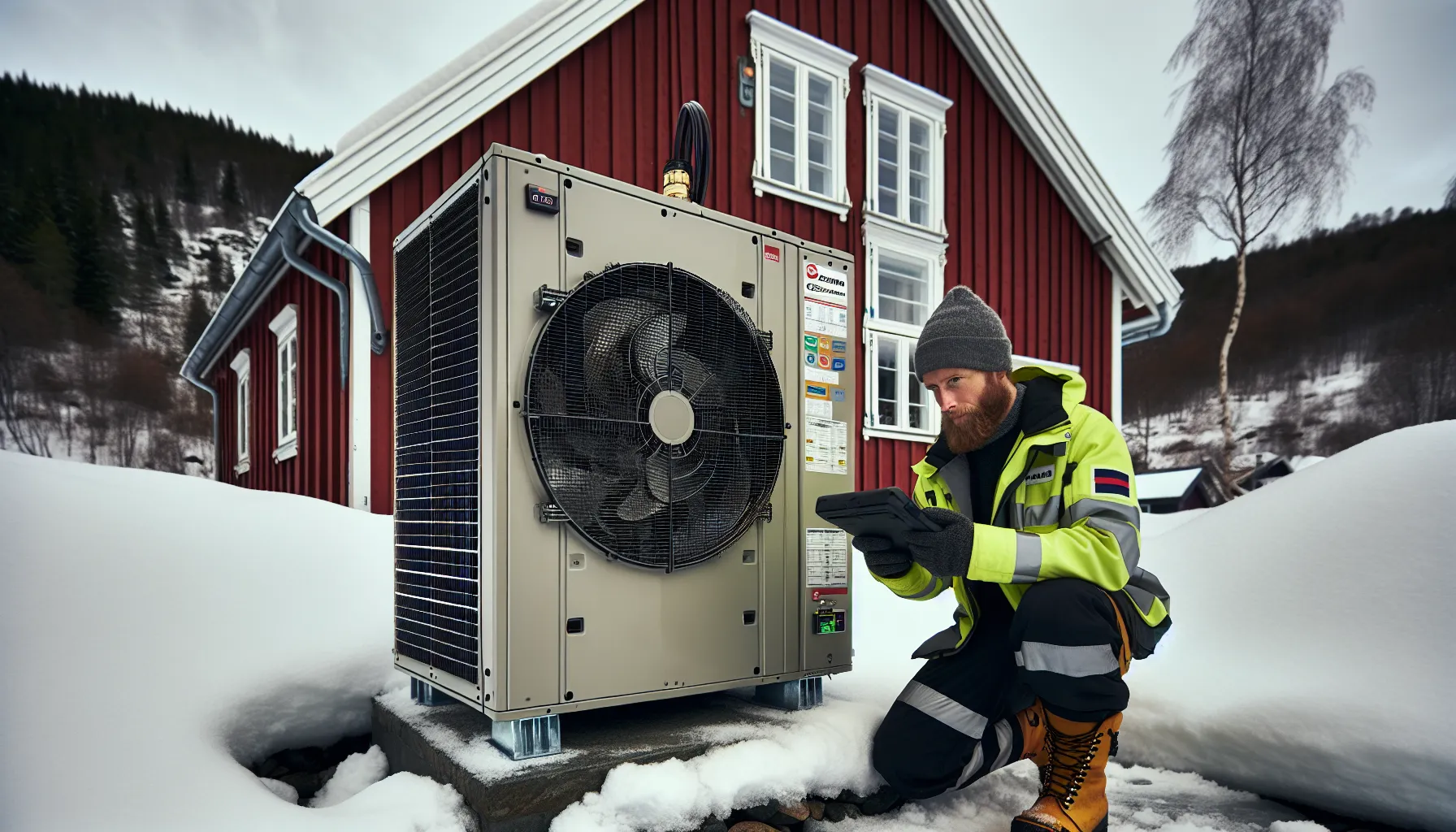 Technician services frost-covered heat pump at a snowy norwegian home.