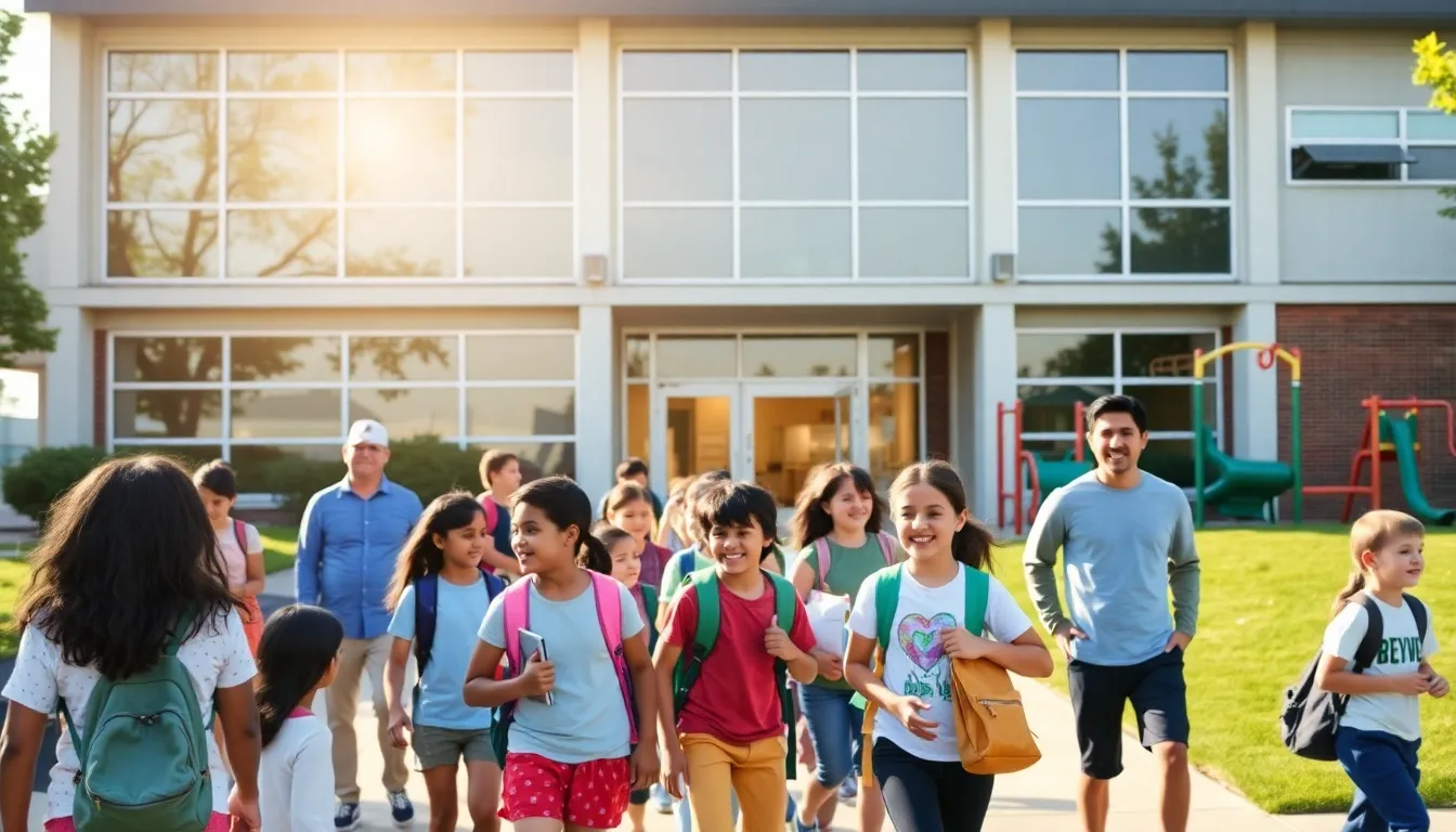 Exterior view of Beverly Farms Elementary with diverse students interacting.
