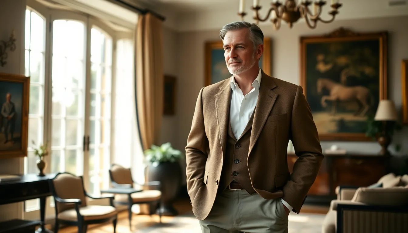 man in tailored outfit standing in vintage estate setting.