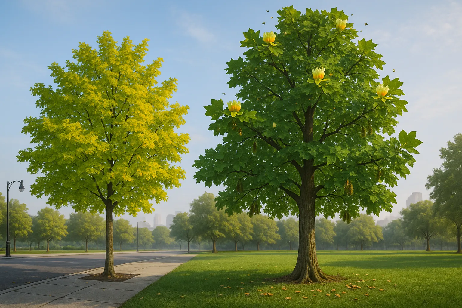 Tulip tree with flowers beside a ginkgo tree by a city sidewalk