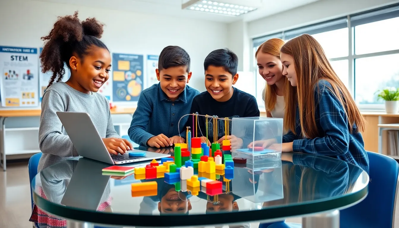 students collaborating on a STEM project in a modern classroom.