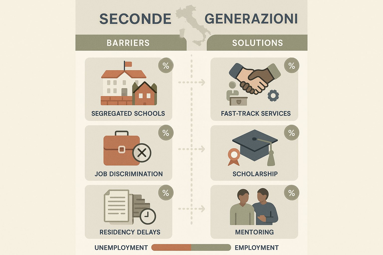 Infografica che mostra barriere occupazionali e soluzioni per immigrati di seconda generazione in Italia.