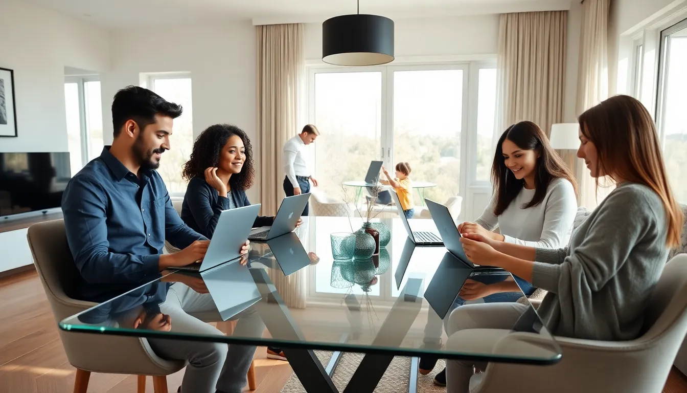 diverse professionals working from home in a family-friendly environment.