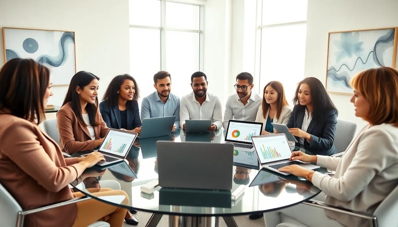 diverse team discussing credit scores in a modern office.
