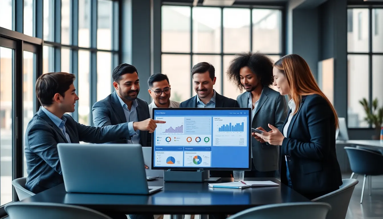 diverse IT team collaborating on cloud migration in a modern office.