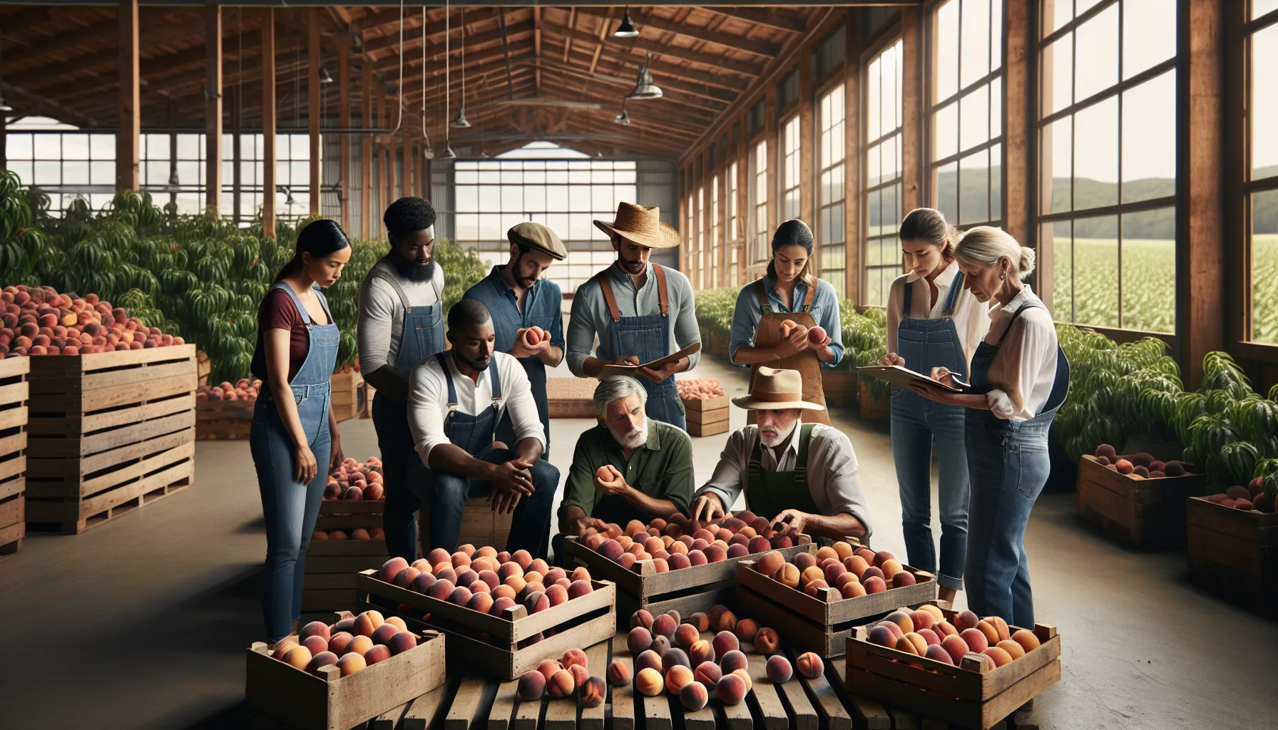 farmers inspecting fresh peaches in a sunny barn setting.