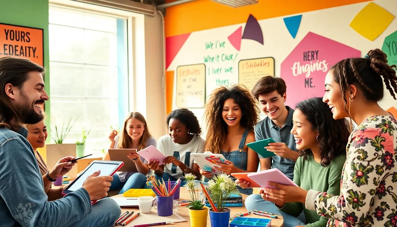 diverse group celebrating creativity in a colorful modern workspace.