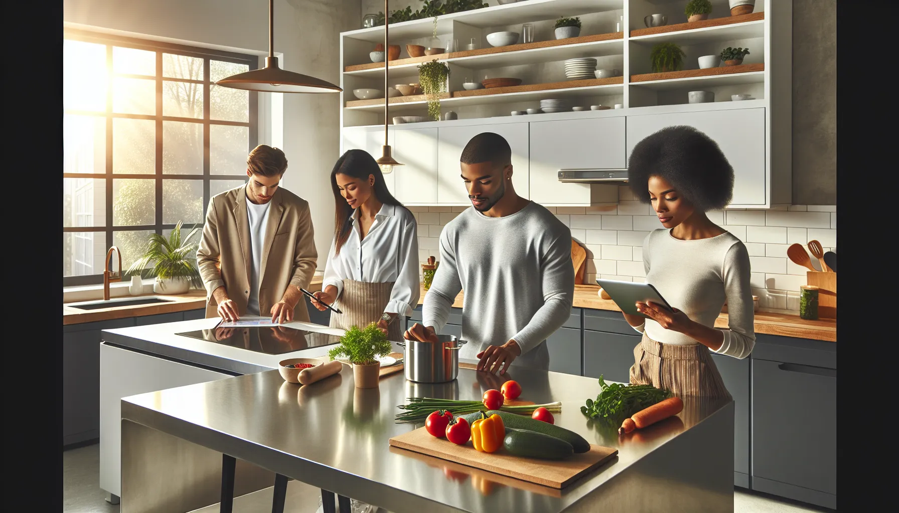 diverse professionals planning meals in a modern kitchen.