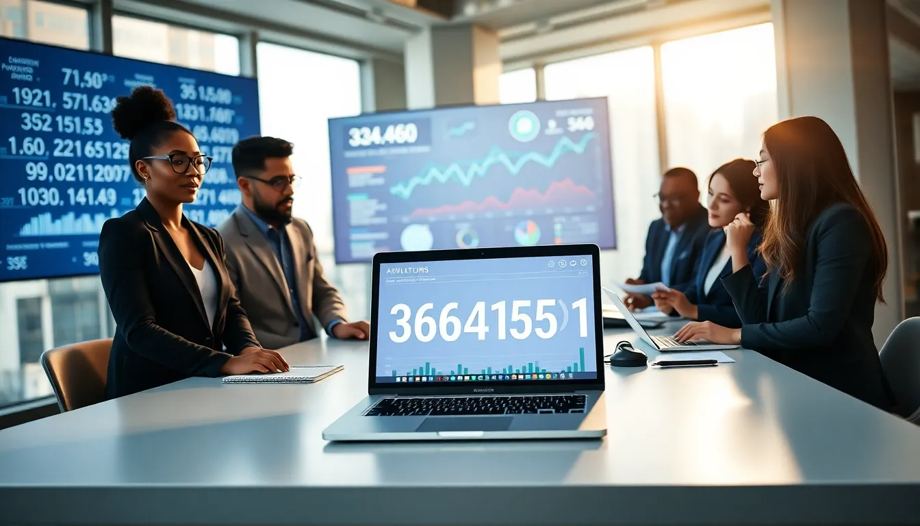 diverse professionals collaborating in a modern workspace with a focus on data.