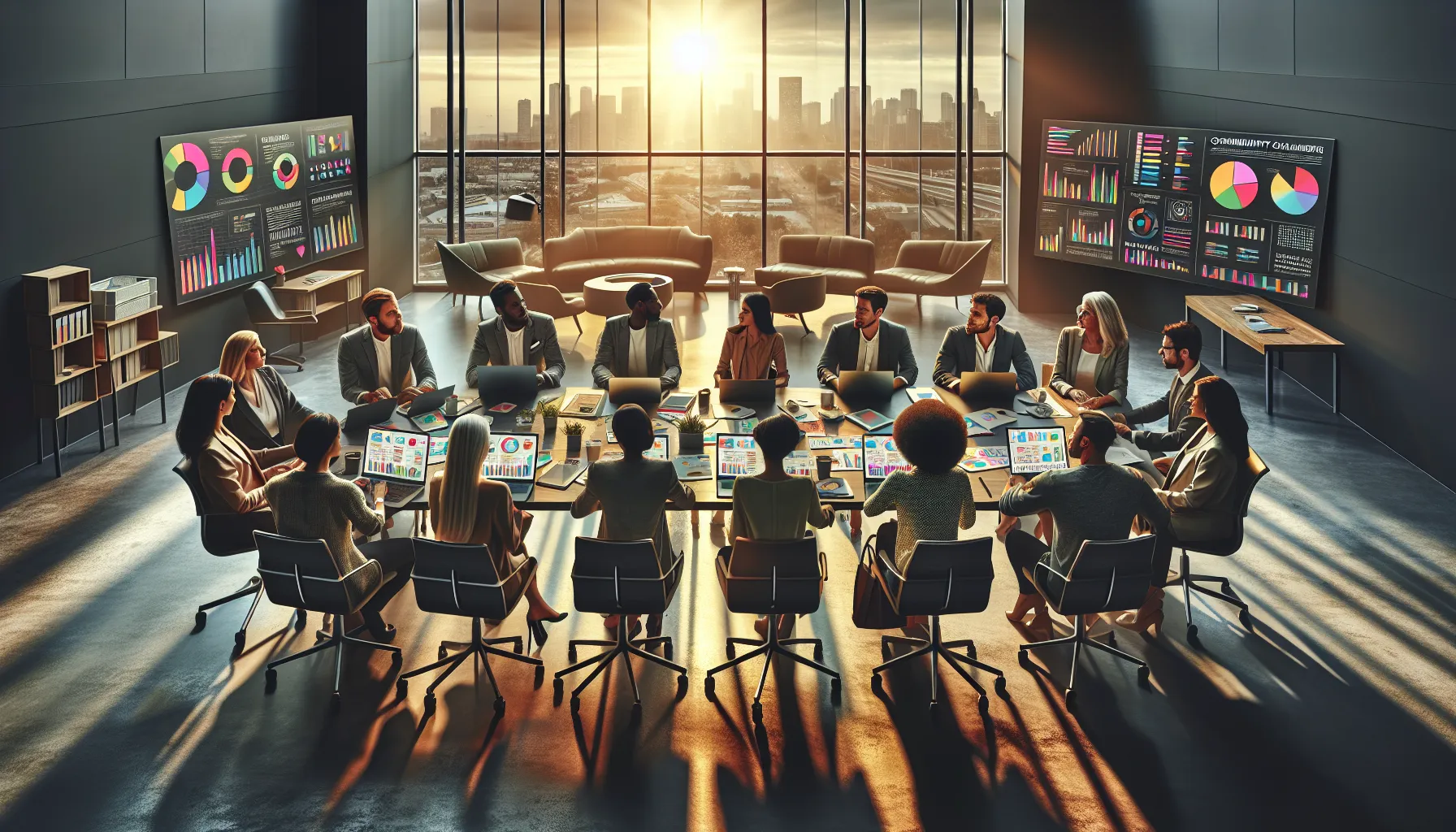 diverse professionals collaborating over event planning in a modern office.